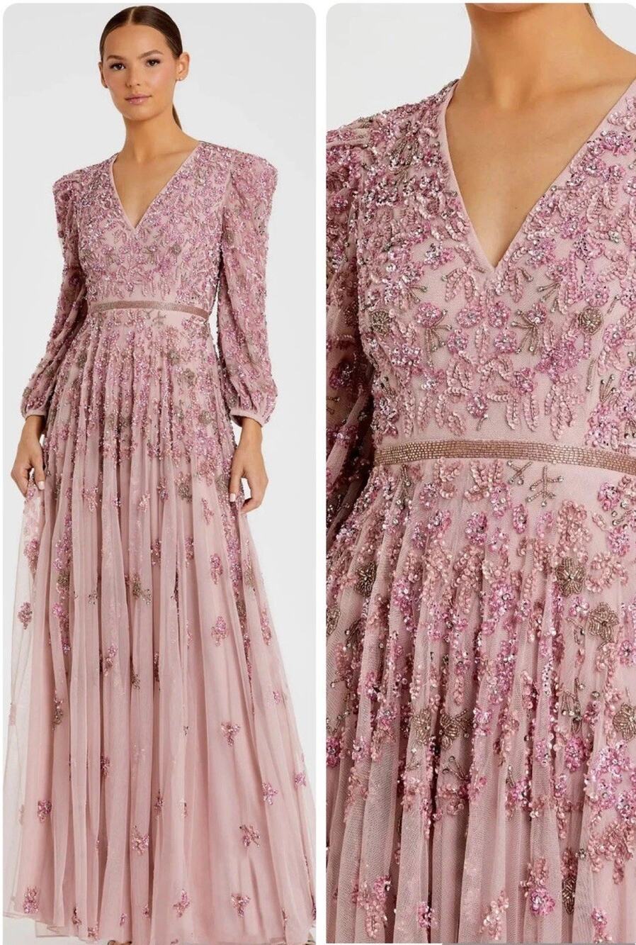 Mac Duggal 5497 Embellished Maxi Gown Size 16 Pink V-Neck Long Sleeve A-Line NWT